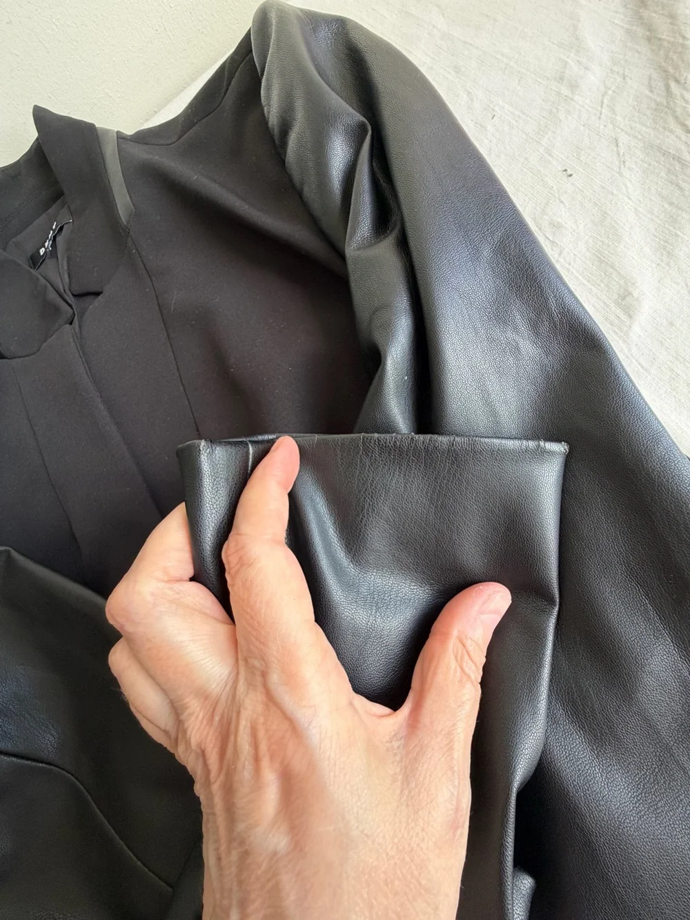 DKNY Black Mixed Media Blazer Jacket with Faux Leather Sleeves